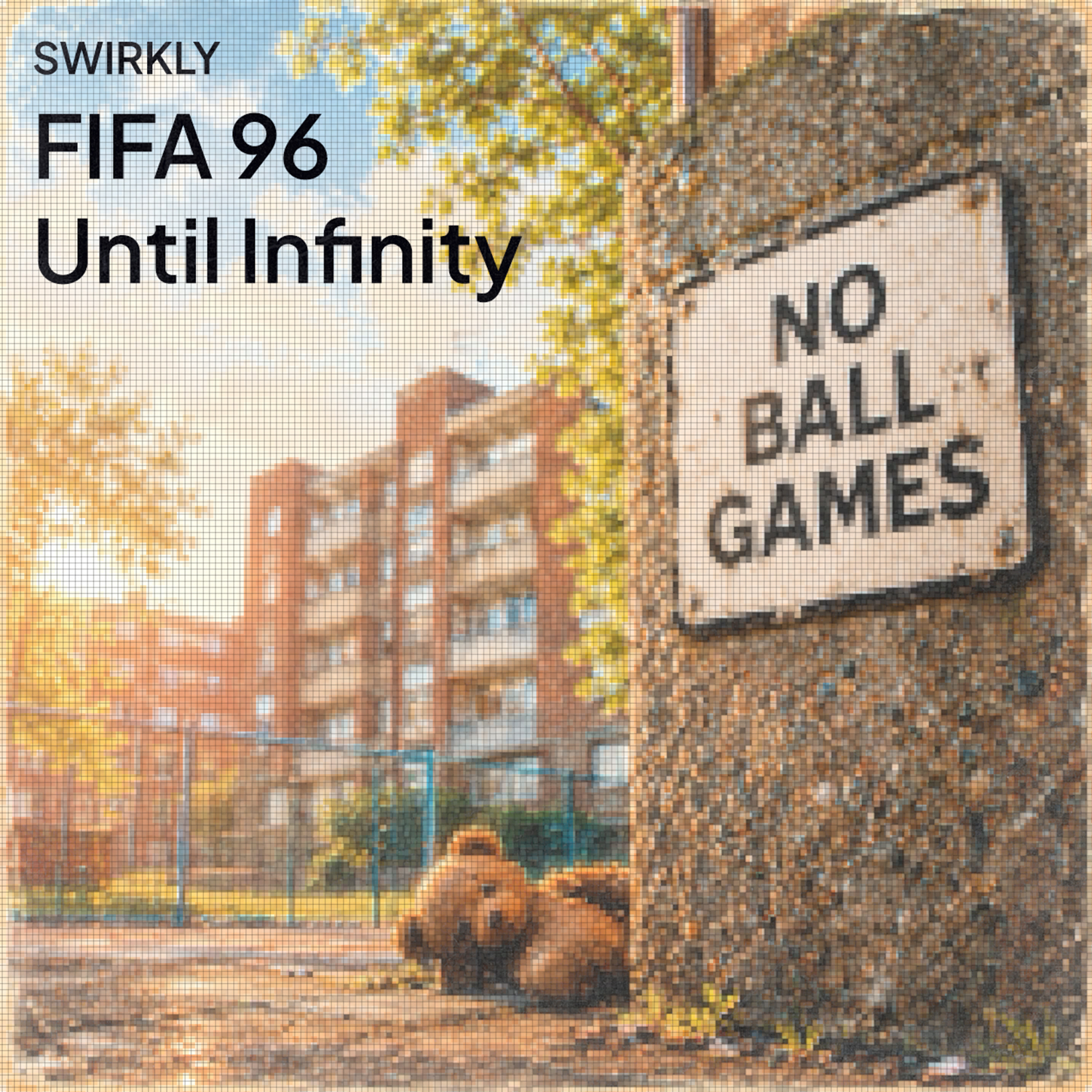FIFA 96 Until Infinity artwork: a teddy bear beneath a NO BALL GAMES sign on a sunny London council estate.